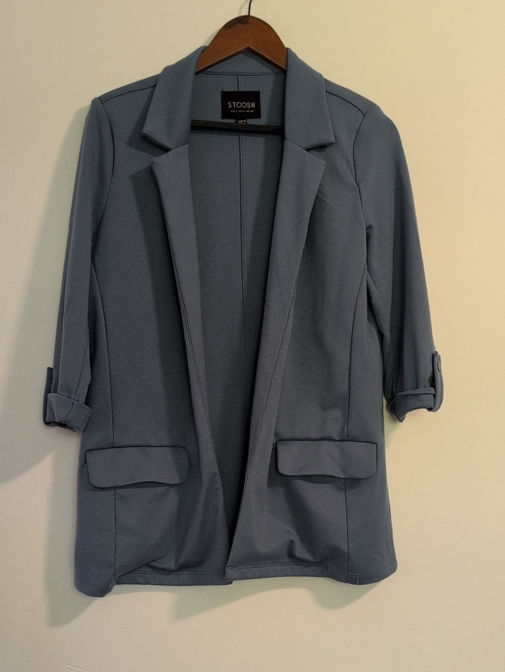 Stoosh Dusty Blue Open-Front Roll-Sleeve Blazer